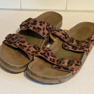 Women’s Leopard Print Double-Buckle Slide Sandals - Brown